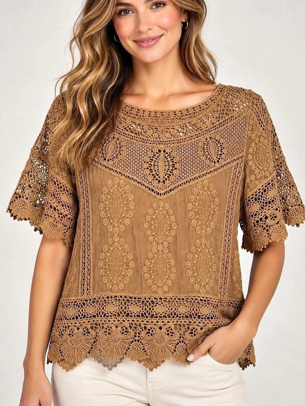 Democracy Crochet Blouse Brown Size XS Like New
